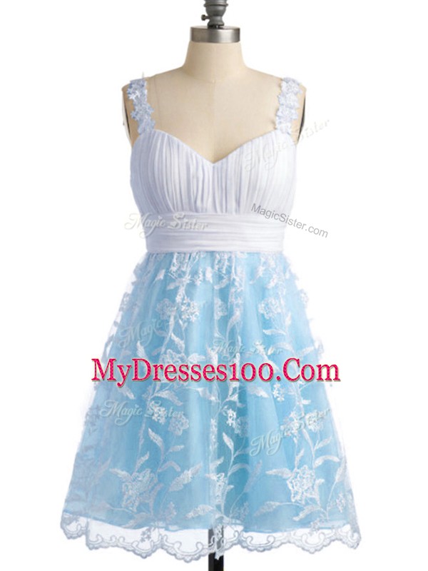 Light Blue Straps Neckline Lace Vestidos de Damas Sleeveless Lace Up