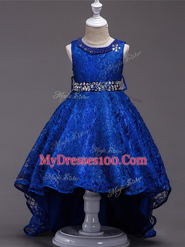 Free and Easy Royal Blue A-line Beading Flower Girl Dresses Lace Up Lace Sleeveless High Low