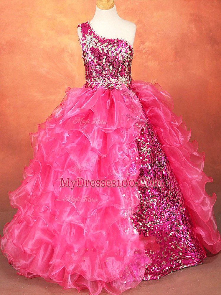 Hot Pink Lace Up One Shoulder Beading and Ruffles and Sequins Girls Pageant Dresses Organza Sleeveless