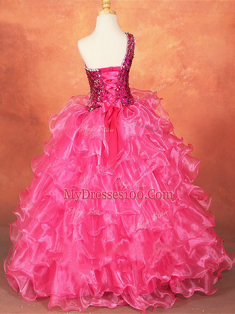 Hot Pink Lace Up One Shoulder Beading and Ruffles and Sequins Girls Pageant Dresses Organza Sleeveless