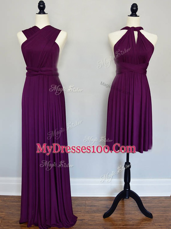 Exceptional Purple Lace Up Halter Top Ruching Bridesmaid Gown Chiffon Sleeveless