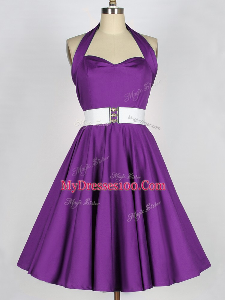 Eggplant Purple Sleeveless Knee Length Belt Lace Up Bridesmaid Gown
