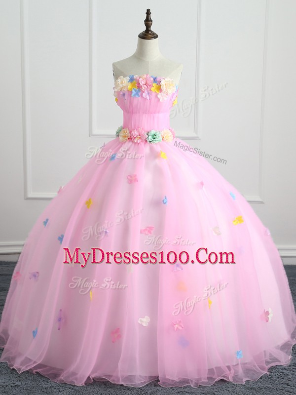Strapless Sleeveless Organza Quince Ball Gowns Appliques and Hand Made Flower Lace Up