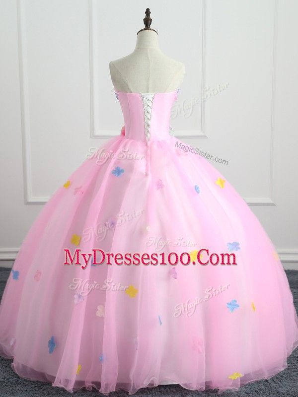 Strapless Sleeveless Organza Quince Ball Gowns Appliques and Hand Made Flower Lace Up