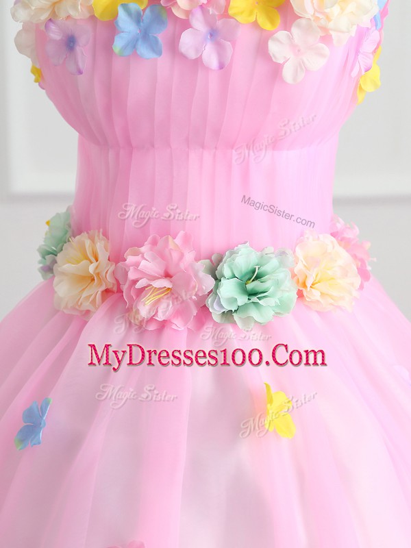 Strapless Sleeveless Organza Quince Ball Gowns Appliques and Hand Made Flower Lace Up