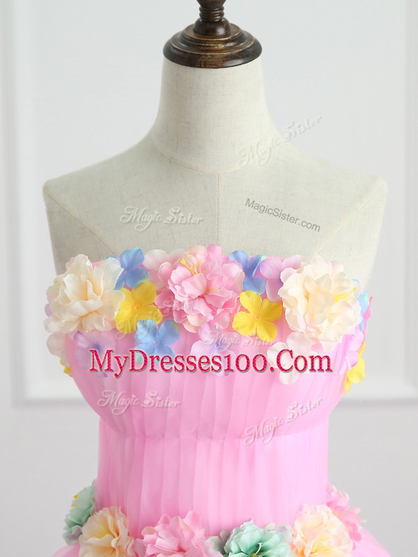 Strapless Sleeveless Organza Quince Ball Gowns Appliques and Hand Made Flower Lace Up