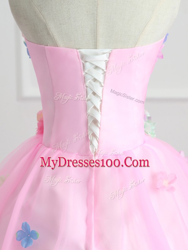 Strapless Sleeveless Organza Quince Ball Gowns Appliques and Hand Made Flower Lace Up