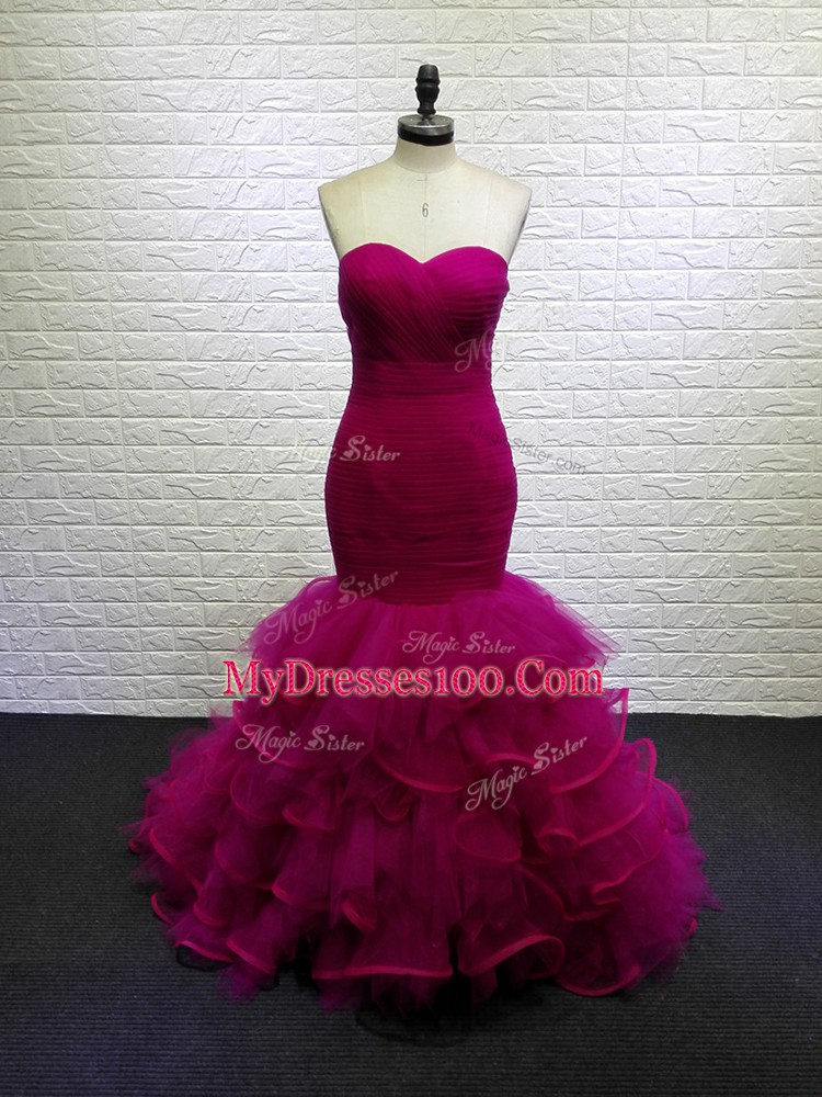 Deluxe Fuchsia Mermaid Sweetheart Sleeveless Tulle Brush Train Lace Up Beading and Ruching Prom Party Dress