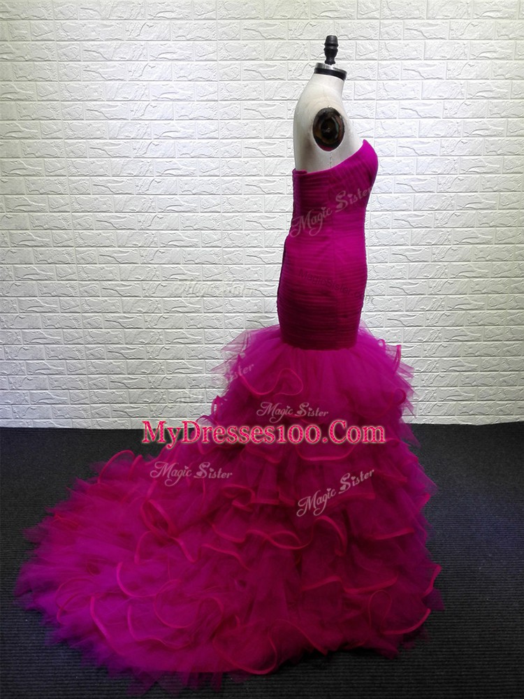 Deluxe Fuchsia Mermaid Sweetheart Sleeveless Tulle Brush Train Lace Up Beading and Ruching Prom Party Dress