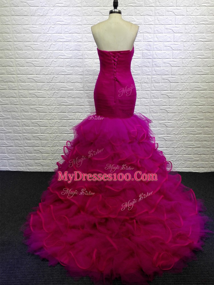 Deluxe Fuchsia Mermaid Sweetheart Sleeveless Tulle Brush Train Lace Up Beading and Ruching Prom Party Dress