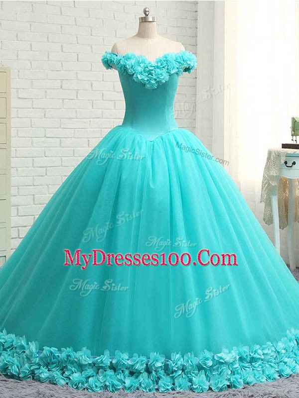 Classical Court Train Ball Gowns Sweet 16 Quinceanera Dress Aqua Blue Off The Shoulder Tulle Sleeveless Lace Up