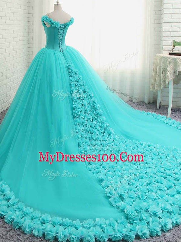 Classical Court Train Ball Gowns Sweet 16 Quinceanera Dress Aqua Blue Off The Shoulder Tulle Sleeveless Lace Up