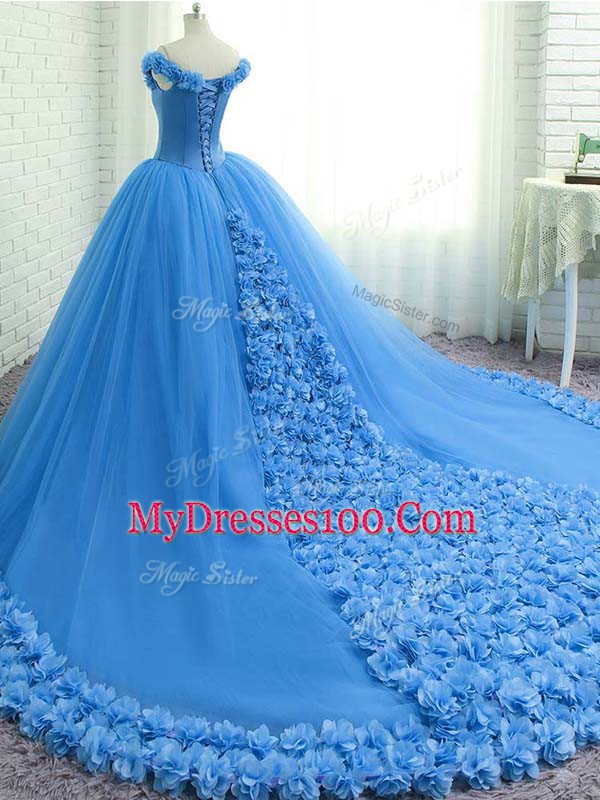 Classical Court Train Ball Gowns Sweet 16 Quinceanera Dress Aqua Blue Off The Shoulder Tulle Sleeveless Lace Up