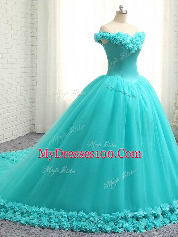 Classical Court Train Ball Gowns Sweet 16 Quinceanera Dress Aqua Blue Off The Shoulder Tulle Sleeveless Lace Up