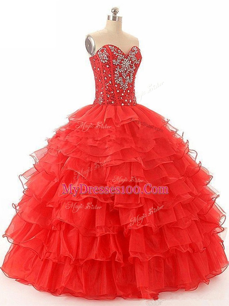 Beading and Ruffled Layers Quinceanera Dress Red Lace Up Sleeveless Floor Length