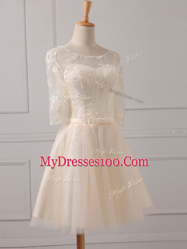 Sexy Champagne A-line Lace and Belt Court Dresses for Sweet 16 Lace Up Tulle Half Sleeves Mini Length