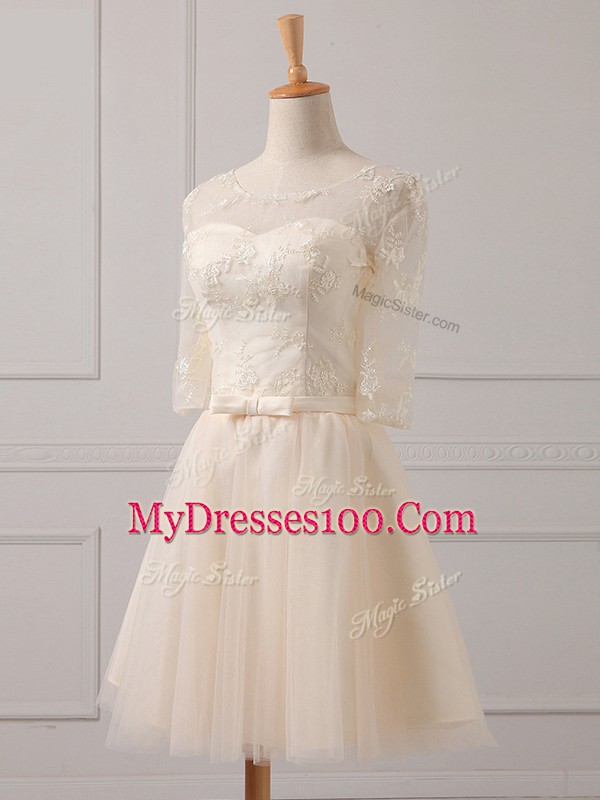 Sexy Champagne A-line Lace and Belt Court Dresses for Sweet 16 Lace Up Tulle Half Sleeves Mini Length