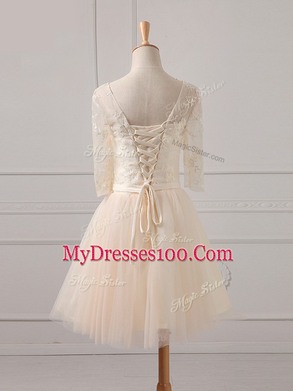 Sexy Champagne A-line Lace and Belt Court Dresses for Sweet 16 Lace Up Tulle Half Sleeves Mini Length