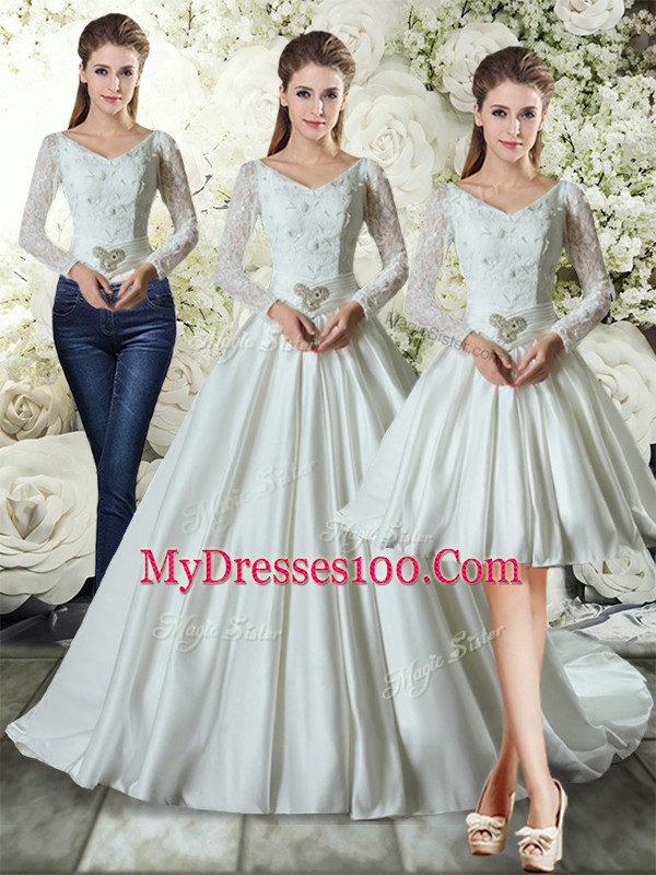 White Wedding Gown V-neck Long Sleeves Chapel Train Lace Up