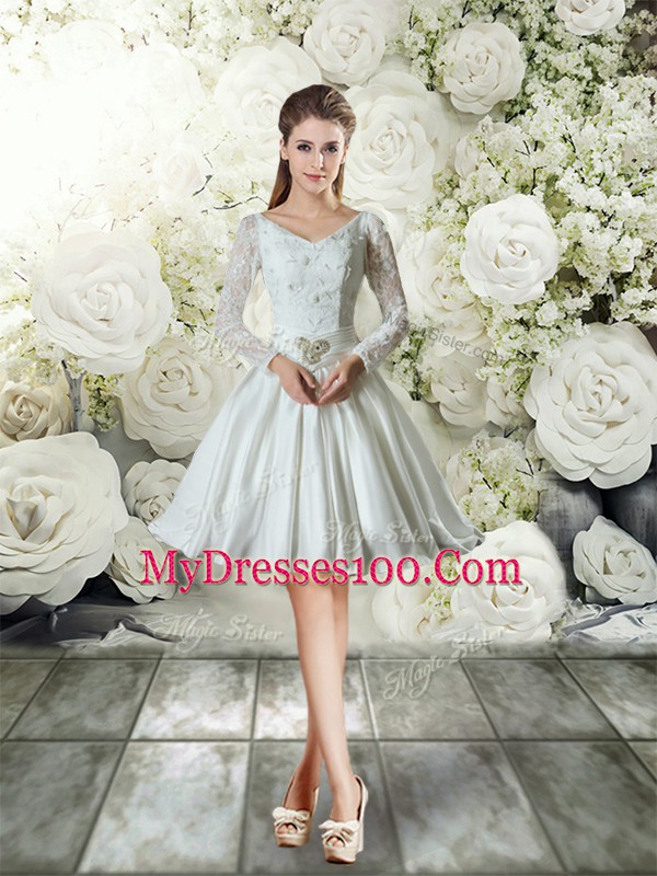 White Wedding Gown V-neck Long Sleeves Chapel Train Lace Up