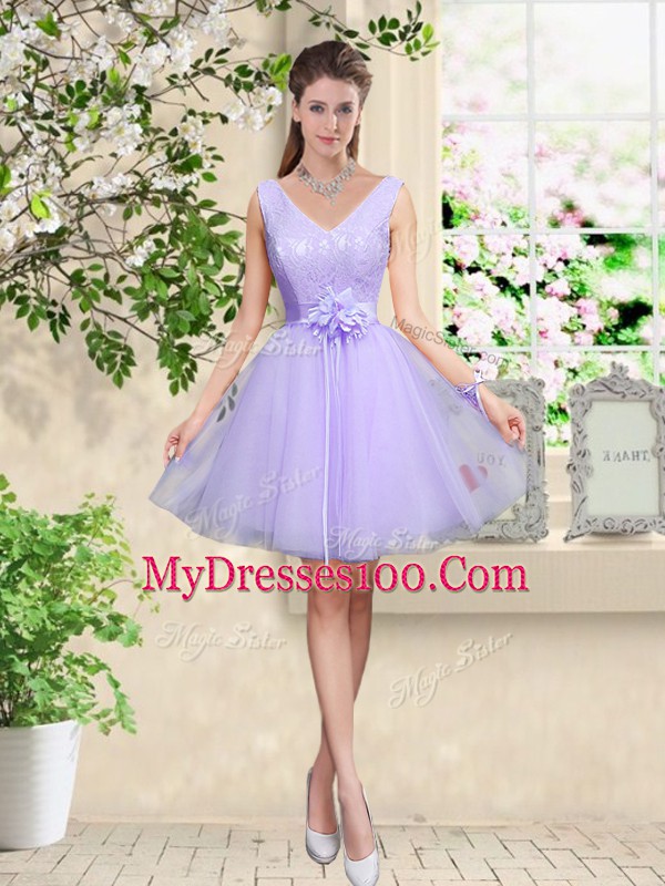 A-line Bridesmaids Dress Lilac V-neck Tulle Sleeveless Knee Length Lace Up