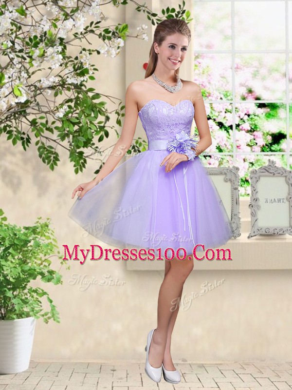 A-line Bridesmaids Dress Lilac V-neck Tulle Sleeveless Knee Length Lace Up