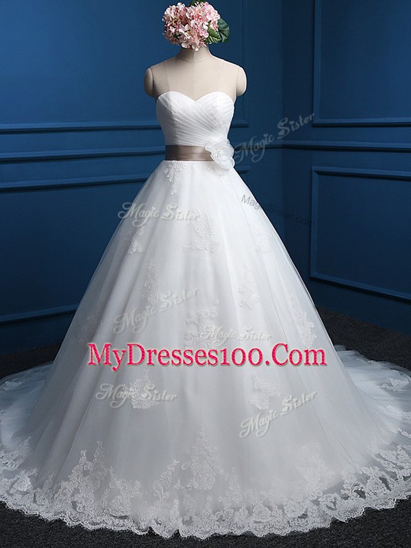 Cute White Sweetheart Lace Up Appliques and Hand Made Flower Wedding Gown Brush Train Sleeveless