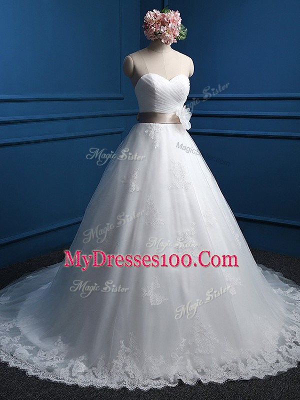 Cute White Sweetheart Lace Up Appliques and Hand Made Flower Wedding Gown Brush Train Sleeveless
