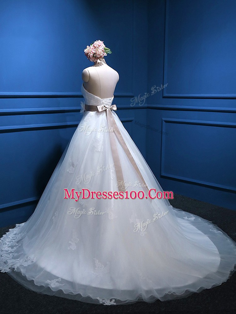 Cute White Sweetheart Lace Up Appliques and Hand Made Flower Wedding Gown Brush Train Sleeveless