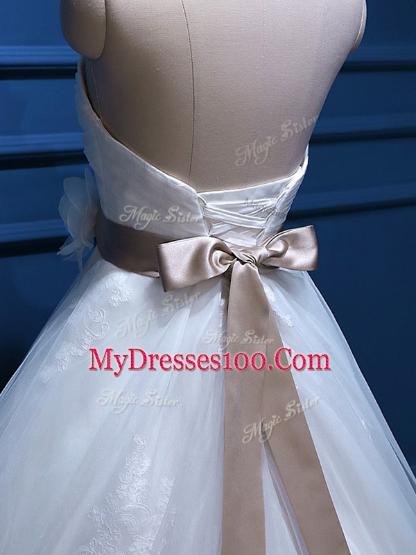 Cute White Sweetheart Lace Up Appliques and Hand Made Flower Wedding Gown Brush Train Sleeveless