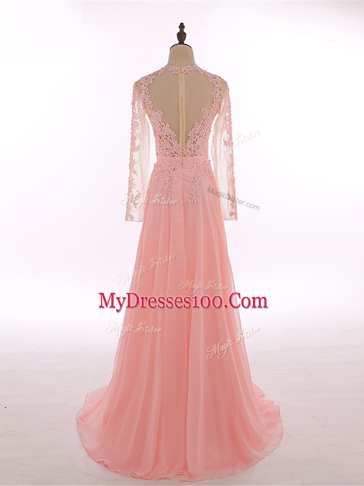 Sleeveless Chiffon Floor Length Zipper Prom Evening Gown in Peach with Lace and Appliques