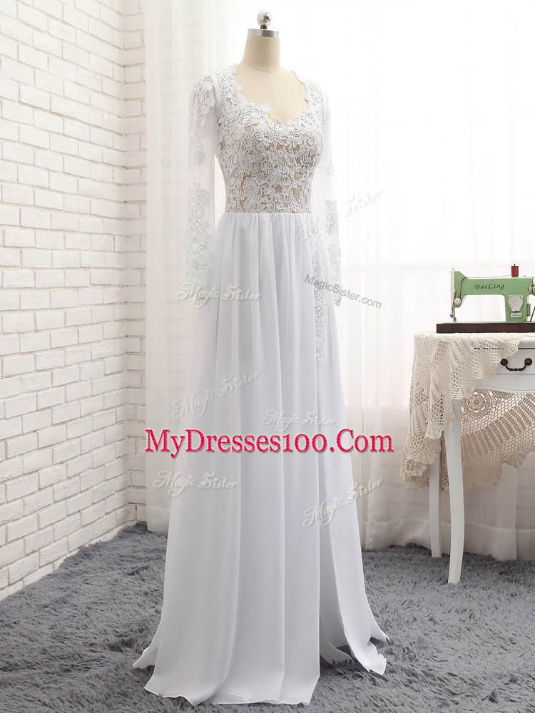 White Chiffon Zipper V-neck Long Sleeves Floor Length Party Dress for Girls Lace and Appliques
