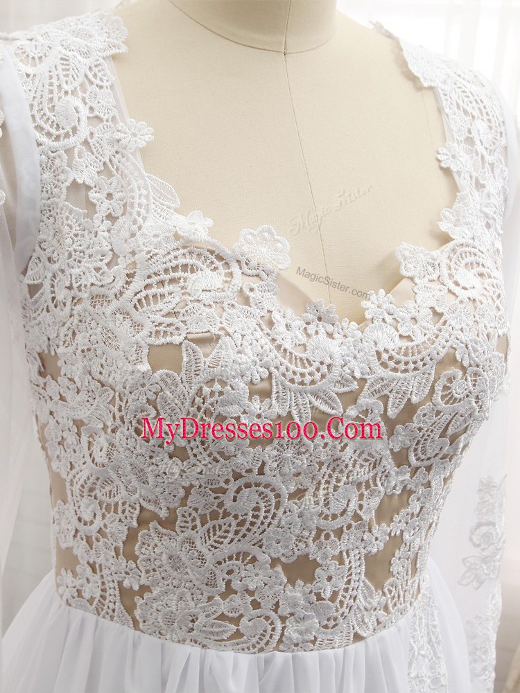 White Chiffon Zipper V-neck Long Sleeves Floor Length Party Dress for Girls Lace and Appliques