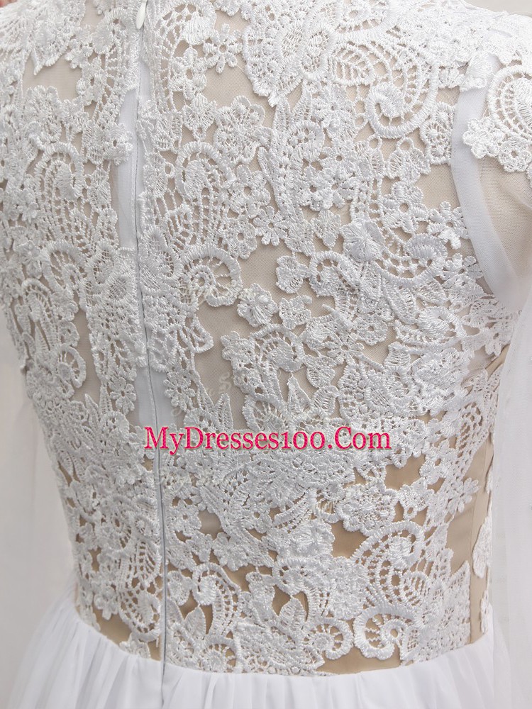 White Chiffon Zipper V-neck Long Sleeves Floor Length Party Dress for Girls Lace and Appliques