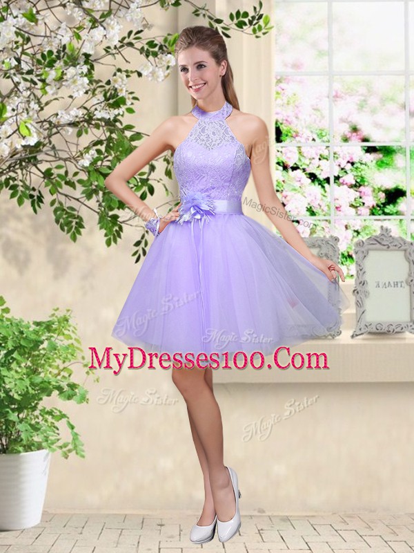 Lilac A-line Tulle Halter Top Sleeveless Lace and Belt Knee Length Lace Up Dama Dress