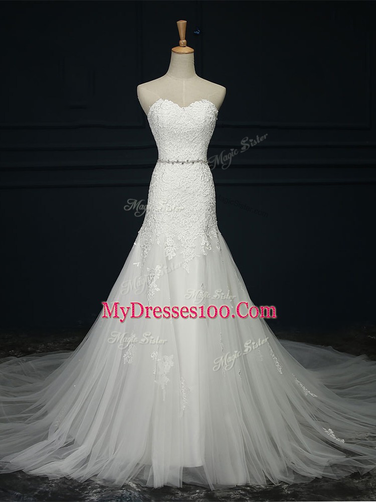 Perfect Sleeveless Tulle Court Train Lace Up Wedding Gown in White with Lace and Belt