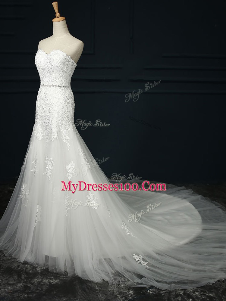 Perfect Sleeveless Tulle Court Train Lace Up Wedding Gown in White with Lace and Belt