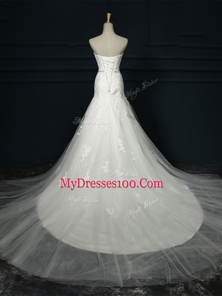Perfect Sleeveless Tulle Court Train Lace Up Wedding Gown in White with Lace and Belt