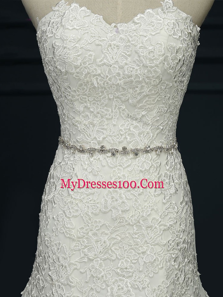 Perfect Sleeveless Tulle Court Train Lace Up Wedding Gown in White with Lace and Belt