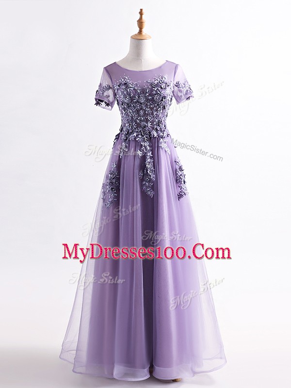 Floor Length Lavender Mother Of The Bride Dress Scoop Short Sleeves Backless