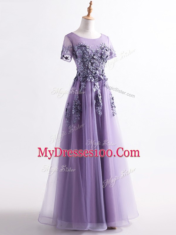 Floor Length Lavender Mother Of The Bride Dress Scoop Short Sleeves Backless