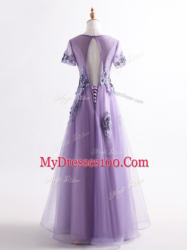 Floor Length Lavender Mother Of The Bride Dress Scoop Short Sleeves Backless
