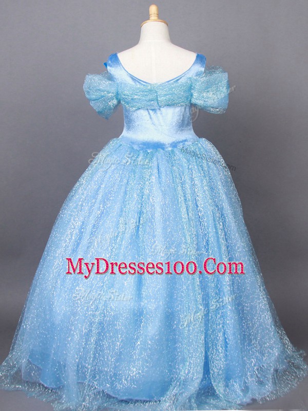 Light Blue Off The Shoulder Neckline Appliques Little Girls Pageant Dress Wholesale Short Sleeves Side Zipper
