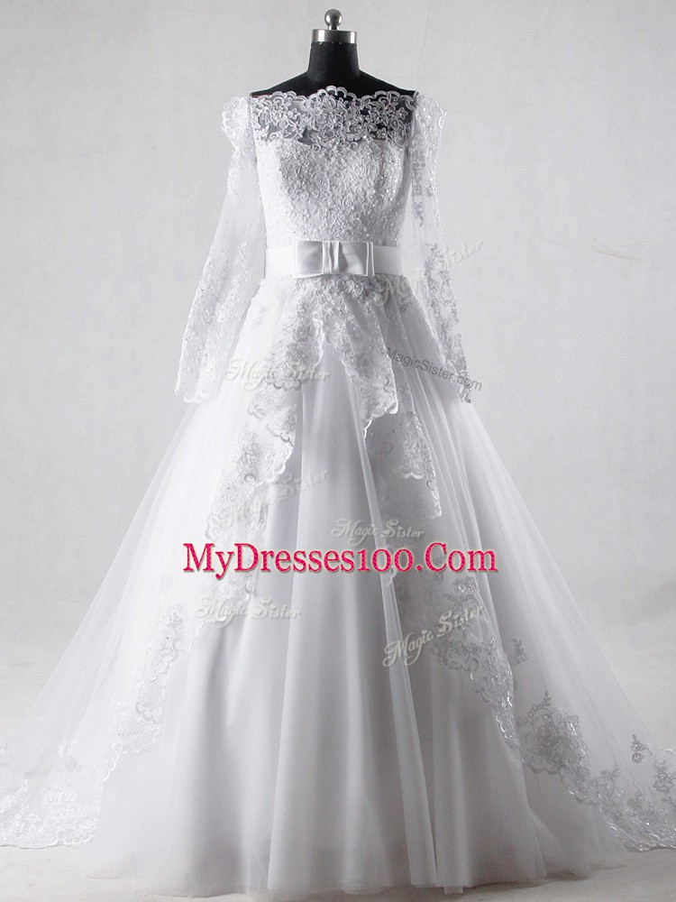 Best Selling White Long Sleeves Lace and Belt Zipper Wedding Dresses