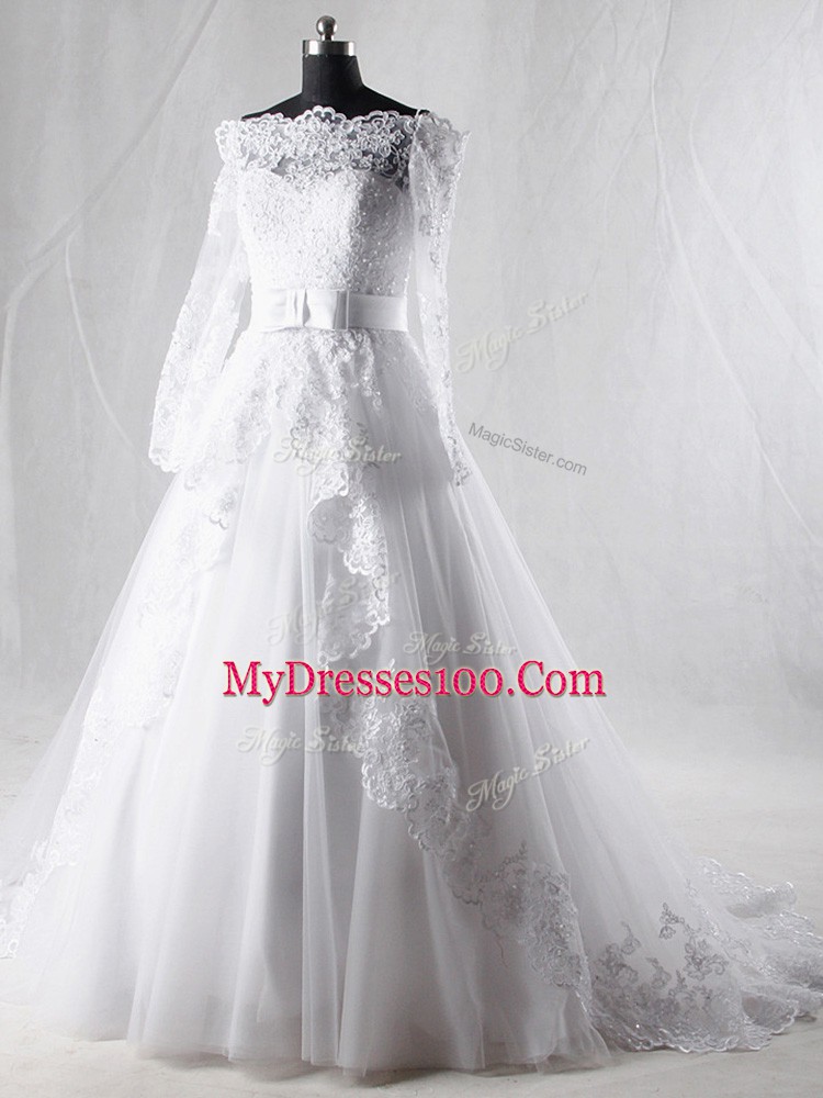 Best Selling White Long Sleeves Lace and Belt Zipper Wedding Dresses