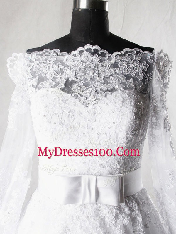 Best Selling White Long Sleeves Lace and Belt Zipper Wedding Dresses