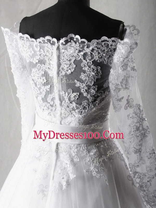 Best Selling White Long Sleeves Lace and Belt Zipper Wedding Dresses