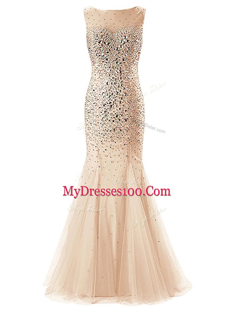 Cute Champagne Mermaid Scoop Sleeveless Tulle Floor Length Zipper Beading Prom Evening Gown