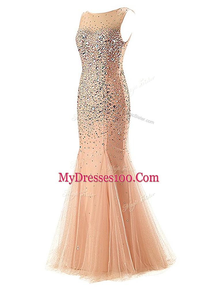 Cute Champagne Mermaid Scoop Sleeveless Tulle Floor Length Zipper Beading Prom Evening Gown