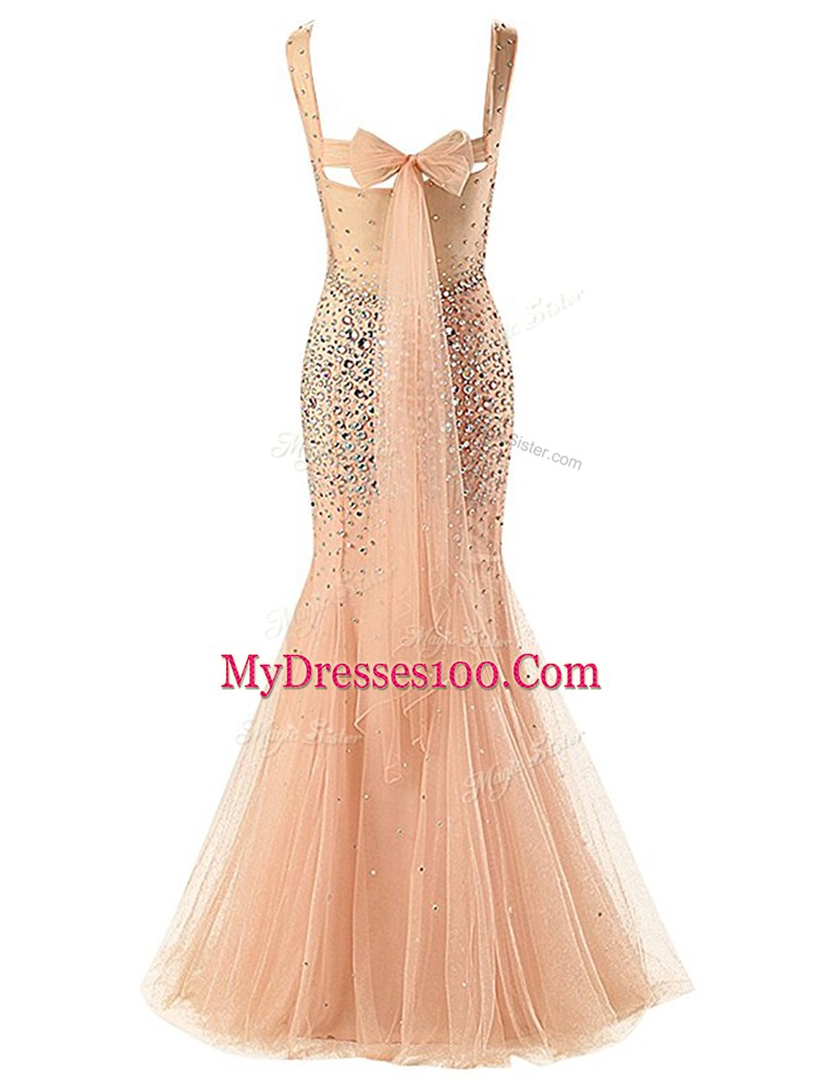 Cute Champagne Mermaid Scoop Sleeveless Tulle Floor Length Zipper Beading Prom Evening Gown